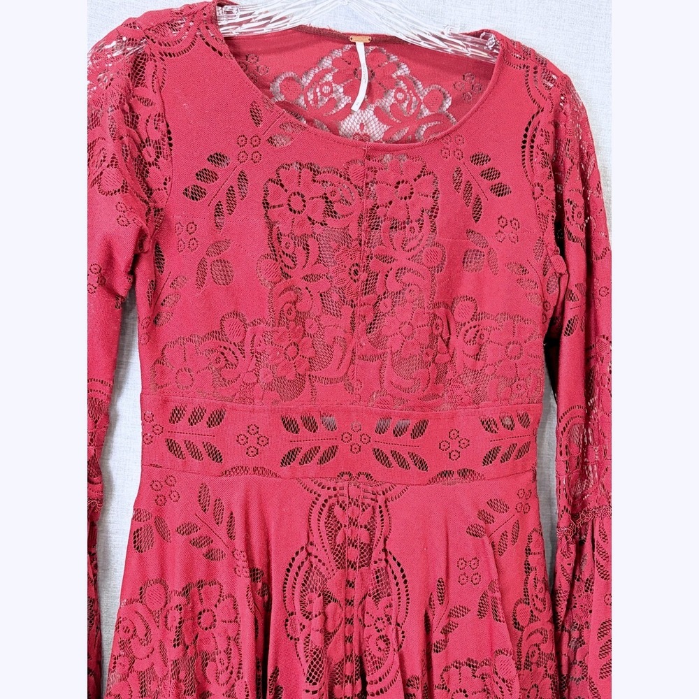 Free People Womens Floral Lace Bell Sleeve Open Back Mini Dress Red Size 2 - Picture 4 of 16